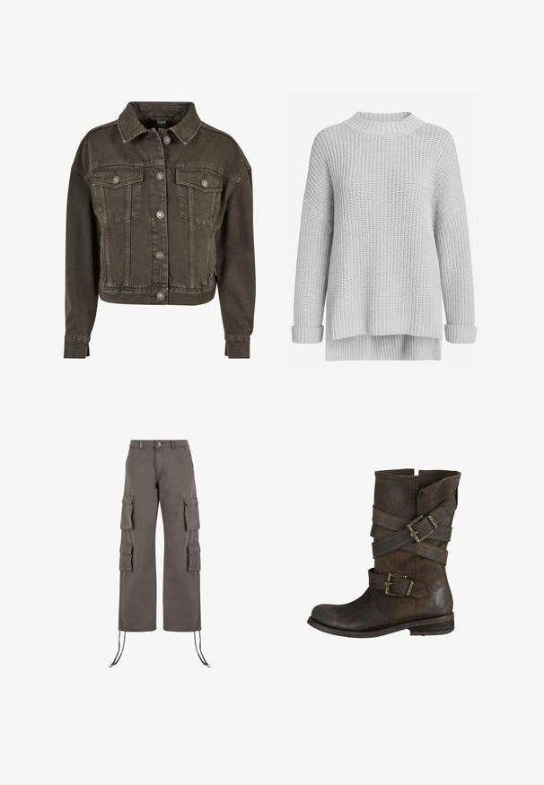 Forkortet denimjakke i mørkegrå med to brystlommer, sølvfarvede knapdetaljer og klassisk krave. Blødt, tekstureret stof.; Grå strikket sweater med grov struktur, høj hals, sænkede skuldre og ribstrikkede ærmekanter. Har en længere bagkant.; Cargo bukser i mørkegrå, lavet af kraftigt stof. Har seks lommer, brede ben og justerbare snore i kanten.; Brune læder ankelstøvle med flad hæl. Har flere spændte stropper og slidte tekstur. Rund tå og let løs design.