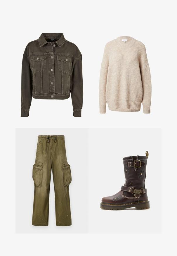 Gemiddelde denim jas in donkergrijs, met twee borstzakken, zilveren hardware knopen en een klassieke kraag. Zachte, gestructureerde stof.; Beige gebreide trui met een ronde hals, verlaagde schouders en geribbelde manchetten en zoom. Heeft een gestructureerde, licht losse pasvorm.; Olijfgroene cargobroek met een relaxte pasvorm, elastische tailleband, trekkoord, twee zijzakken en twee grote cargozakken. Licht verouderd.; Bruine leren laars tot halverwege de kuit met gegraveerde bloemenmotieven, twee verstelbare messing gespen, gele stiksels en een robuuste zool.