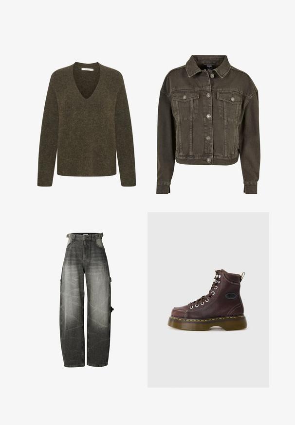 Veste en denim coupée de couleur gris foncé, avec deux poches poitrine, des boutons en métal argenté et un col classique. Tissu doux et texturé.; Pull à manches longues vert olive avec un décolleté en V. Tissu doux et texturé avec une coupe légèrement décontractée et des détails de couture minimaux.; Jean noir délavé coupe large avec taille haute, poches avant et passants de ceinture, avec un détail de poche sur la jambe droite.; Bottine en cuir marron avec une surface texturée, œillets en argent et couture jaune. Dispose d'une semelle épaisse translucide et d'une languette.