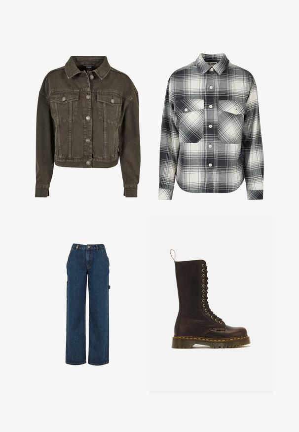 Forkortet denimjakke i mørkegrå med to brystlommer, sølvfarvede knapdetaljer og klassisk krave. Blødt, tekstureret stof.; Rutet flannel skjorte i sort, hvid og grå. Har knaplukning foran, to brystlommer og lange ærmer med knapmansjetter.; Mørkeblå denim cargobukser med højtaljet, vidde-ben design og sidelommer. Har synlige syninger og metalhardware-detaljer.; Høj mørkebrun læder snørestøvle med gule syninger, tyk rillede sål og trækstrop bagpå.