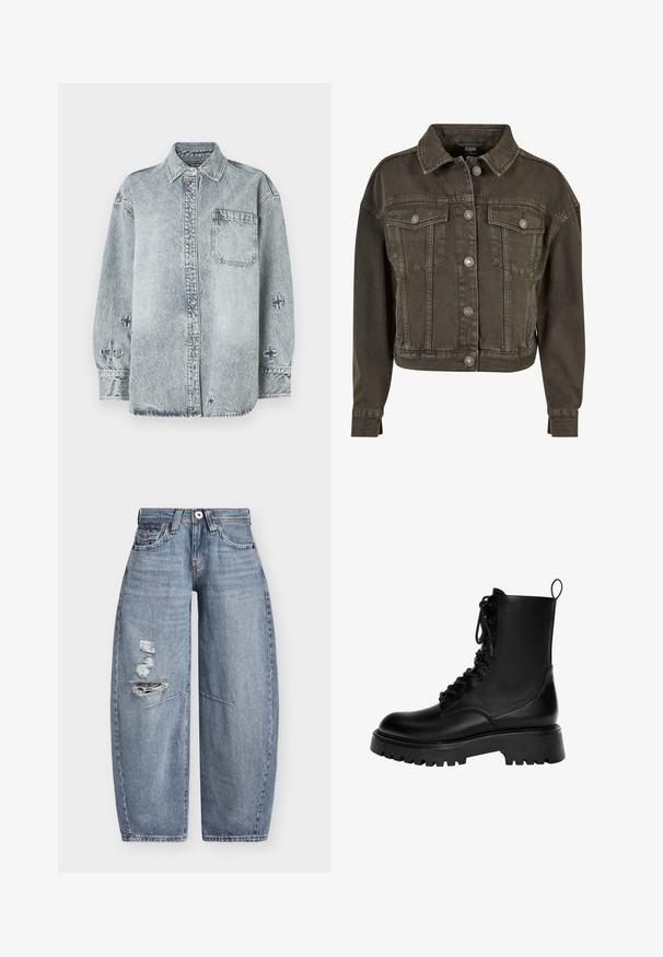 Forkortet denimjakke i mørkegrå med to brystlommer, sølvfarvede knapdetaljer og klassisk krave. Blødt, tekstureret stof.; Lyseblå denimskjorte med lange ærmer, knaplukning foran, enkelt brystlomme og krydsbroderi detaljer på ærmerne.; Blå denim jeans med vide ben, høj talje og slidte revner på venstre lår, med forlommer og bæltestropper.; Sorte snørebånd ankelstøvler lavet af syntetisk læder, med en kraftig sål, trækstrop og fremtrædende syninger.