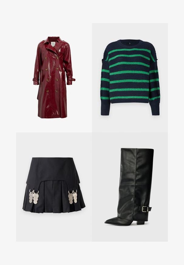 Object Trenchcoat - cabernet; Mørkeblå strikket sweater med grønne vandrette striber og ribbede manchetter, der har en rund halsudskæring og en let løs pasform.; Sort plisseret nederdel med metalhardware på siderne, lavet af et struktureret stof med en glat tekstur og et enkelt design.; Sorte læder ankelstøvler i ankellængde med spids tå, glat tekstur og en sølvspændeaccents på siden. Kraftig firkantet hæl.