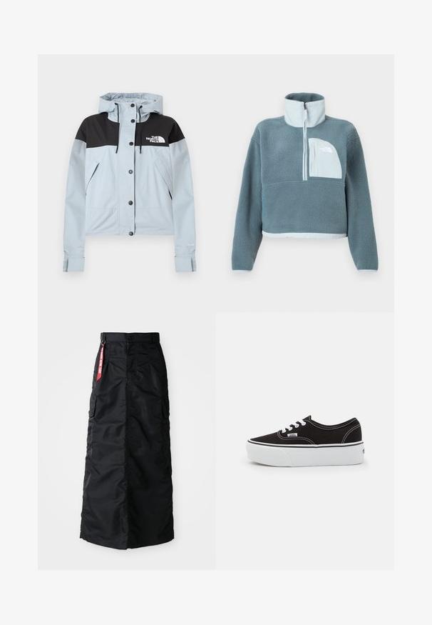 Lyseblå vandtæt jakke med sort øverste sektion, lynlås og trykknaplukning, justerbar hætte og sidelommer. Har "Dryvent"-logo.; Blå fleecepullover med halvhøj lynlås, høj krave og lys blå brystlomme med The North Face-logo.; Sort lang nederdel med frontknap og lynlås, sidelommer, og et rødt "Remove Before Flight" stofmærke på taljen.; Sort lærred sneakers med en hvid gummi platform sål, der har hvide snørebånd og syninger, ikonisk branding på siden, lav-top design.