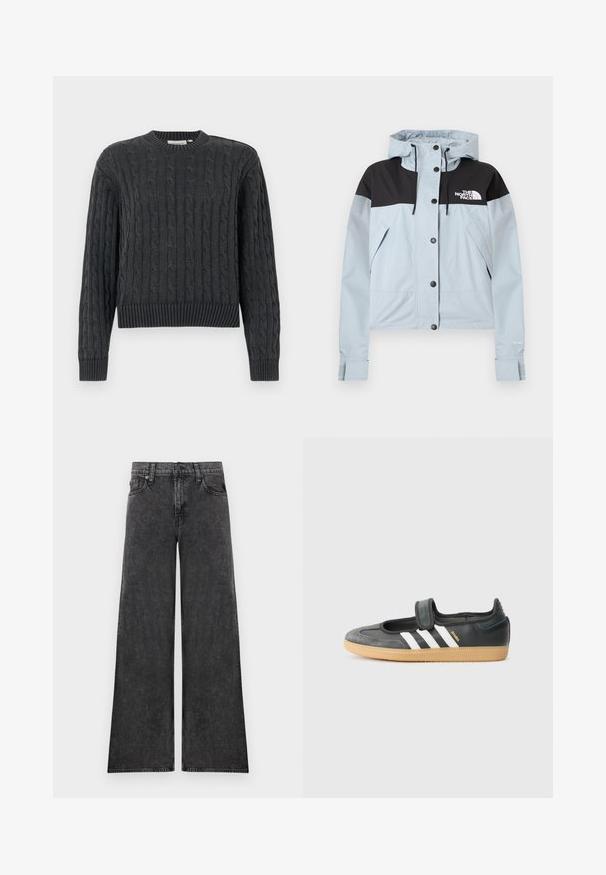 Veste imperméable bleu clair avec une partie supérieure noire, fermeture éclair et à boutons-pression, capuche ajustable et poches latérales. Marque "Dryvent".; Pull en maille torsadée gris foncé avec manches longues, poignets, ourlet et col rond côtelés, présenté sur un fond uni.; Jean en denim noir à jambes larges avec cinq poches et fermeture par boutons, présenté à plat sur un fond blanc.; Sneaker en cuir noir et suède avec une sangle Velcro, arborant trois bandes blanches et une semelle en caoutchouc, étiqueté "SAMBA" sur le côté.