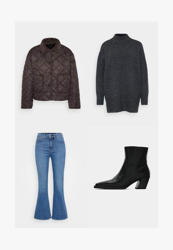 Veste matelassée brun foncé avec des boutons-pression, deux poches plaquées avant et un col en velours côtelé, présentée à plat sur un fond blanc.; Pull en maille oversize à col roulé de couleur gris foncé. Présente des poignets et un ourlet côtelés, une texture douce, et des fentes latérales à l'ourlet pour un ajustement décontracté.; Jeans évasés bleu clair avec une taille haute, en denim. Comprend deux poches avant et une fermeture à bouton à la taille.; Bottine en cuir noir avec un bout pointu, une silhouette élégante et un talon carré massif. Texture lisse avec des détails de couture minimalistes.