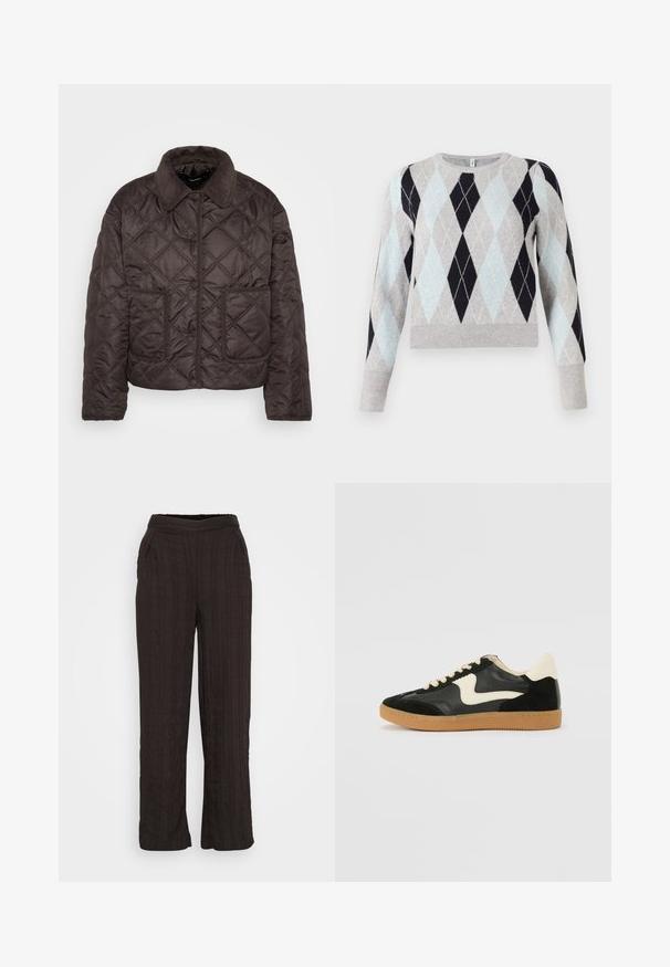 Veste matelassée brun foncé avec des boutons-pression, deux poches plaquées avant et un col en velours côtelé, présentée à plat sur un fond blanc.; Pull en motif argyle bleu clair, gris et marine. Tissu doux, col rond, manches longues, avec ourlet et poignets côtelés.; Pantalons larges noirs en tissu texturé avec un design plissé. Dotés d'une ceinture élastique et de poches latérales.; Baskets en daim et cuir noir avec un swoosh latéral crème et un talon crème clair. Dotées de lacets beige et d'une semelle en caoutchouc gomme.