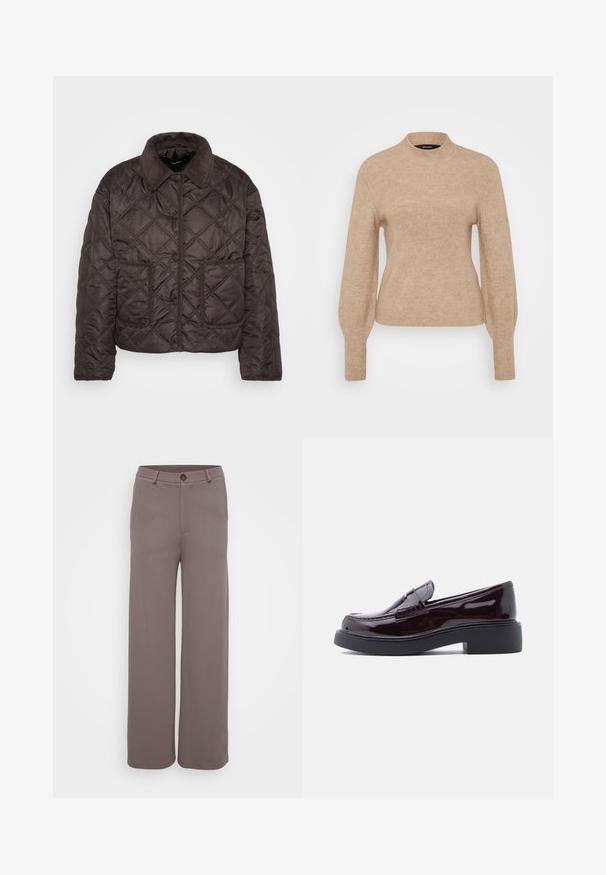 Veste matelassée brun foncé avec des boutons-pression, deux poches plaquées avant et un col en velours côtelé, présentée à plat sur un fond blanc.; Pull en maille beige avec un col haut et des manches longues, présentant une texture douce et une coupe ajustée. Le tissu semble léger et chaud.; Pantalons à jambes larges en tissu brun lisse et discret, avec des poches avant, une fermeture à bouton et une taille ajustée.; Mocassins en cuir bordeaux brillant avec un bout arrondi, présentant un design cousu et une semelle extérieure en caoutchouc noir texturé.