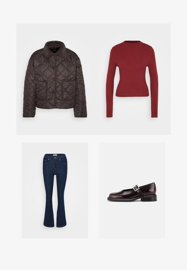 Dunkelbraune gesteppte Jacke mit Druckknöpfen, zwei frontalen Patten-Taschen und einem Cordkragen, flach auf einem weißen Hintergrund präsentiert.; Enganliegendes, geripptes, langärmliges Sweater in Dunkelrot mit Rundhalsausschnitt, auf einem neutralen, hellen Hintergrund präsentiert.; Dunkelblaue Jeans im Bootcut-Stil mit klassischem Fünf-Taschen-Design, metallischem Knopfverschluss und Nähakzenten an den Taschen.; Ein einzelner glänzender dunkelburgunder Mary Jane Schuh mit breitem Riemen und silberner Schnalle, niedrigem Blockabsatz und abgerundeter Spitze auf weißem Hintergrund.