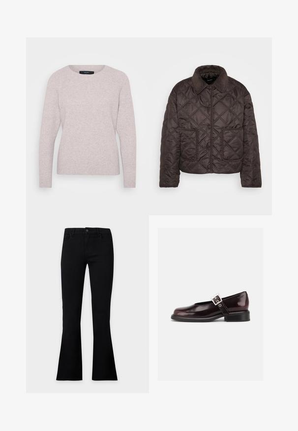 Chaqueta acolchada marrón oscuro con botones a presión, dos bolsillos frontales de parche y un cuello de pana, exhibida plana sobre un fondo blanco.; Suéter de color rosa claro con cuello redondo, mangas largas y puños acanalados. Textura suave con un sutil patrón jaspeado.; Pantalones acampanados para mujer negra con bolsillos delanteros, trabillas para cinturón y una cintura con cierre de botones, mostrados sobre un fondo liso y claro.; Zapato único Mary Jane brillante de color burdeos oscuro con correa ancha y hebilla plateada, tacón bloque bajo y punta redondeada sobre fondo blanco.