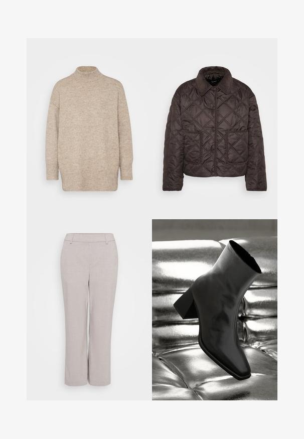 Veste matelassée brun foncé avec des boutons-pression, deux poches plaquées avant et un col en velours côtelé, présentée à plat sur un fond blanc.; Pull à col roulé beige fabriqué en maille douce, doté de manches longues et d'une coupe décontractée, avec des détails de bord-côte aux poignets et à l'ourlet.; Pantalons larges gris clair, fabriqués à partir d'un tissu texturé. Présentent une taille mi-haute et des poches avant pour plus de fonctionnalité.; Botte noire à la cheville en matériau brillant avec un bout carré et un talon effilé, sur un fond argenté brillant et capitonné.