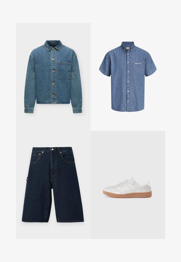Veste en denim bleu à manches longues, boutons sur le devant, col et une grande poche poitrine unique sur fond blanc.; Chemise en denim bleu à manches courtes, boutonnée, avec une poche avant du côté gauche ornée d'un texte brodé en blanc.; Shorts en denim foncé avec une coupe ample, design à cinq poches et coutures orange contrastantes. Présente une fermeture classique à bouton et à glissière.; Baskets argentées avec une texture lisse, un design à lacets, des accents perforés et une semelle en caoutchouc marron texturé.