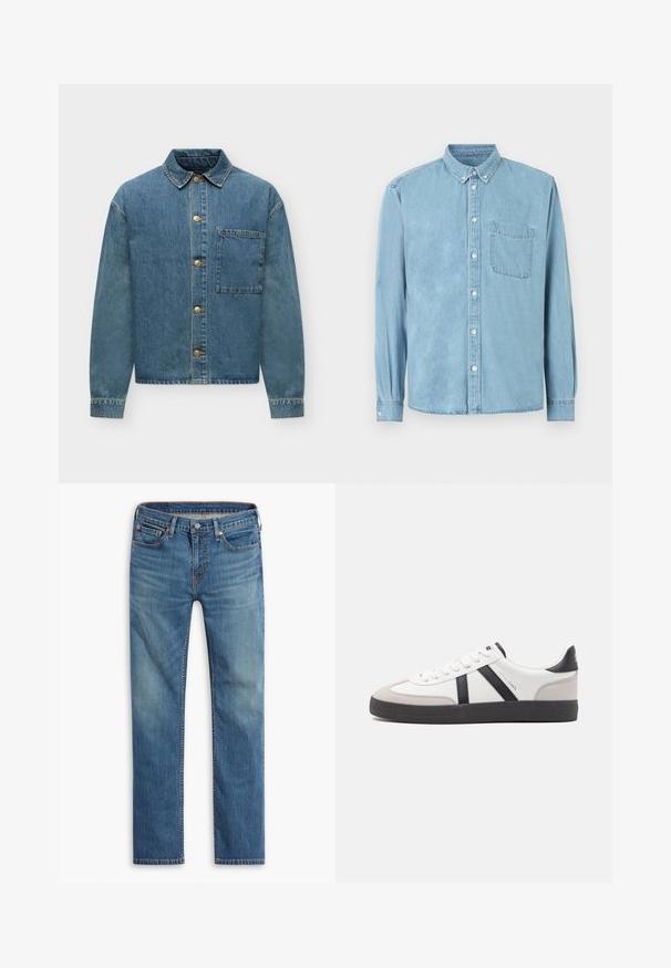 Blå denimjakke med lange ærmer, knapper foran, en krave og en stor brystlomme på en hvid baggrund.; Lyseblå denimskjorte med lange ærmer, knaplukket krave, brystlomme foran og hvide knapper ned langs midten og på manchetterne.; Blå straight-leg denim jeans med frontknap og lynlåslukning, fem-lomme design og subtilt falmede områder på lår og knæ.; Hvide sneakers med sorte og grå detaljer, med en tekstureret grå tåhætte, sort gummisål og flade hvide snørebånd. Rent design, minimalistisk stil.