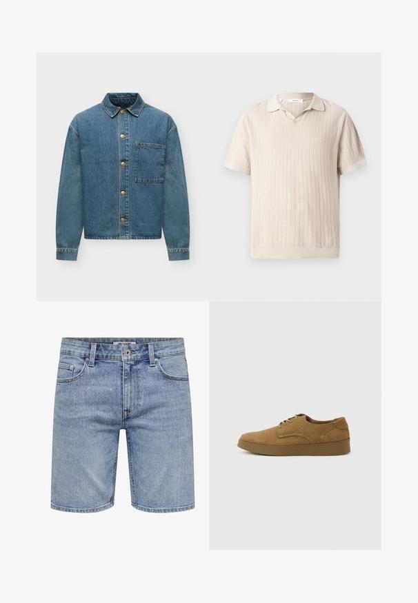 Veste en denim bleu à manches longues, boutons sur le devant, col et une grande poche poitrine unique sur fond blanc.; Polo en tricot beige à manches courtes avec un motif côtelé vertical texturé et un petit col.; Short en jean bleu clair avec fermeture éclair devant, fermeture à bouton, passants de ceinture et cinq poches, présenté de face sur fond blanc.; Chaussure décontractée à lacets en daim marron avec semelle en caoutchouc plate, vue de côté sur un fond clair uni.