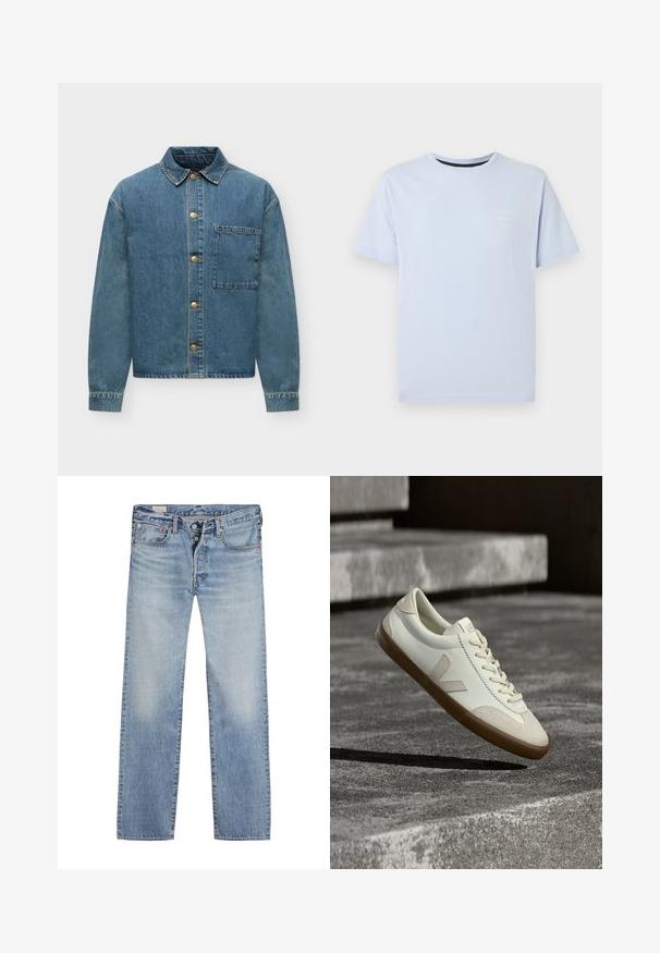 Blauwe spijkerjas met lange mouwen, knopen aan de voorkant, een kraag en een enkele grote borstzak op een witte achtergrond.; Lichtblauw T-shirt met korte mouwen en ronde hals, met een klein wit logo op de linkerbovenkant, afgebeeld tegen een effen witte achtergrond.; Lichtblauwe spijkerbroek met een rechte pijp, voorzien van een knoopsluiting, een vijf-pocket ontwerp en een vervaagde textuur langs de dijen.; Witte leren sneakers met een bruine rubberen zool, platte veters en een V-vormig accent aan de zijkant. Ze hebben een glad oppervlak en minimale stikdetails.