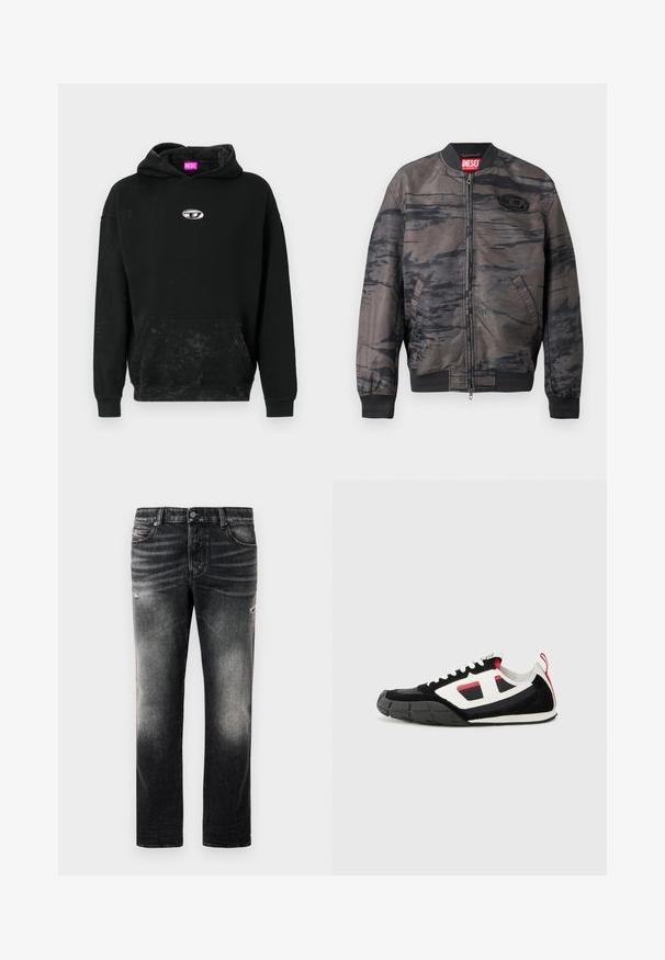 Bomberjack in donkergrijs met zwarte abstracte patronen, ritsluiting, geribbelde manchetten en zoom, met een merklabel bij de kraag en logo-detail.; Zwarte hoodie gemaakt van katoenmix, met een voorkant kangoeroezak, een zilveren logo-accent en een gestructureerde afwerking met subtiele verkleuring.; Zwarte jeans met een vervaagde afwerking en versleten accenten, standaard vijf-pocket ontwerp en een ritssluiting. Gemaakt van denimstof.; Diesel S PAGODHA LOW - Sneakers laag - black