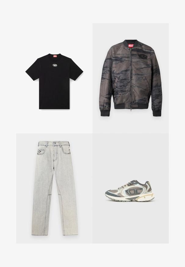 Chaqueta bomber en gris oscuro con patrones abstractos en negro, cierre de cremallera, puños y dobladillo acanalados, con una etiqueta de marca en el cuello y un detalle del logotipo.; Camiseta de algodón negra con cuello redondo y mangas cortas. Presenta un pequeño logotipo plateado bordado en el centro del frente.; Vaqueros de mezclilla azul claro con corte recto, con costuras contrastantes, dos bolsillos frontales y detalles desgastados en la tela.; Zapatillas deportivas en materiales gris, blanco y beige que cuentan con una parte superior de malla, suela gruesa y detalles texturizados. Detalles reflectantes en los lados.
