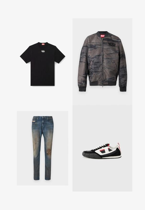 Chaqueta bomber en gris oscuro con patrones abstractos en negro, cierre de cremallera, puños y dobladillo acanalados, con una etiqueta de marca en el cuello y un detalle del logotipo.; Camiseta de algodón negra con cuello redondo y mangas cortas. Presenta un pequeño logotipo plateado bordado en el centro del frente.; Pantalones vaqueros de mezclilla azul con un corte slim, desvanecido ligero, parches desgastados y un diseño clásico de cinco bolsillos que incluye una pequeña etiqueta con el logo.; Diesel S PAGODHA LOW - Zapatillas - black