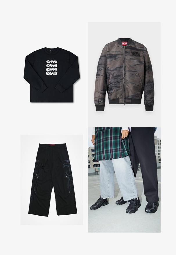 Bomberjakke i mørkegrå med sorte abstrakte mønstre, lynlås lukning, ribbede manchetter og kant, med et mærke i kraven og logo-detaljer.; Sort sweatshirt med lange ærmer, der har et hvidt gentaget grafisk logo i stiliseret skrifttype på forsiden. Fremstillet af blødt stof.; Sorte viddebukser med plisseret front, der har blanke sorte tribalmønstre på siderne og en rød mærketalje.; Sorte atletik sko med mesh- og gummidetaljer. Båret med lysegrå vide jeans og en ternet grøn bluse. Flad overflade i baggrunden.