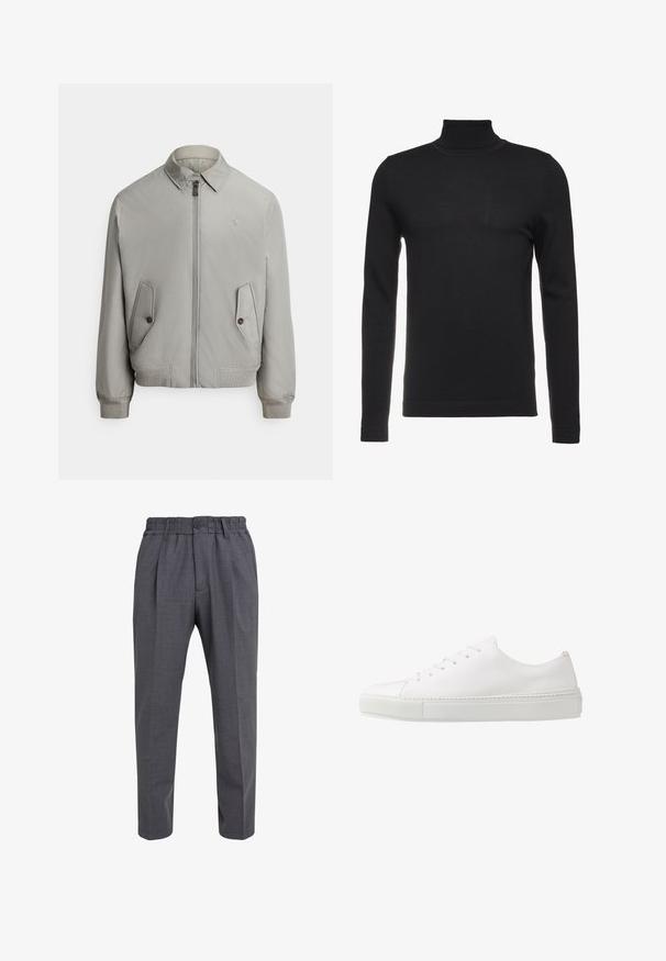 Grå bomberjakke i glatt stoff med glidelås foran, spiss krage og to frontlommer. Inkluderer ribbestrikkede mansjetter og nederkant.; Svart turtleneck genser laget av myk, ribbet stoff. Fitted design med lange ermer og høy hals. Minimalistisk stil, ingen synlige mønstre.; Grå bukser med en plisseret design, elastisk talje med knaplukning, lige ben og subtilt tekstureret stof.; Hvite skinnsneakers med glatt overflate, rund tå og seks hull for snøring. Har en teksturert gummisåle og minimalistisk design.