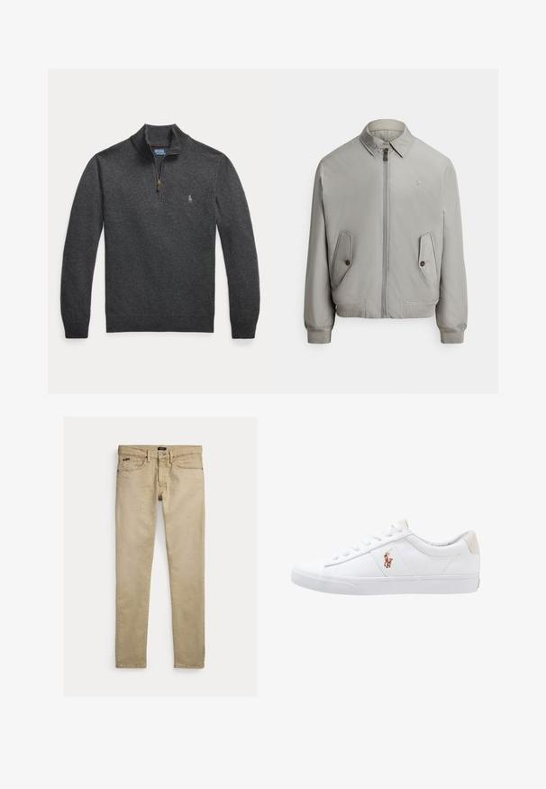 Grå bomberjakke i glat stof med lynlås foran, spids krave og to forlommer. Inkluderer ribstrikkede manchetter og kant.; Mørkegrå langærmet pullover med kvart lynlås og et lille broderet logo på venstre bryst.; Beige slim-fit bukser med forlommer, bæltestropper og knaplukning, lagt fladt på en hvid baggrund.; Hvide kanvas sneakers med lågtop design, prydet med en beige hælkappe og et lille broderet logo på siden. Gummisål.