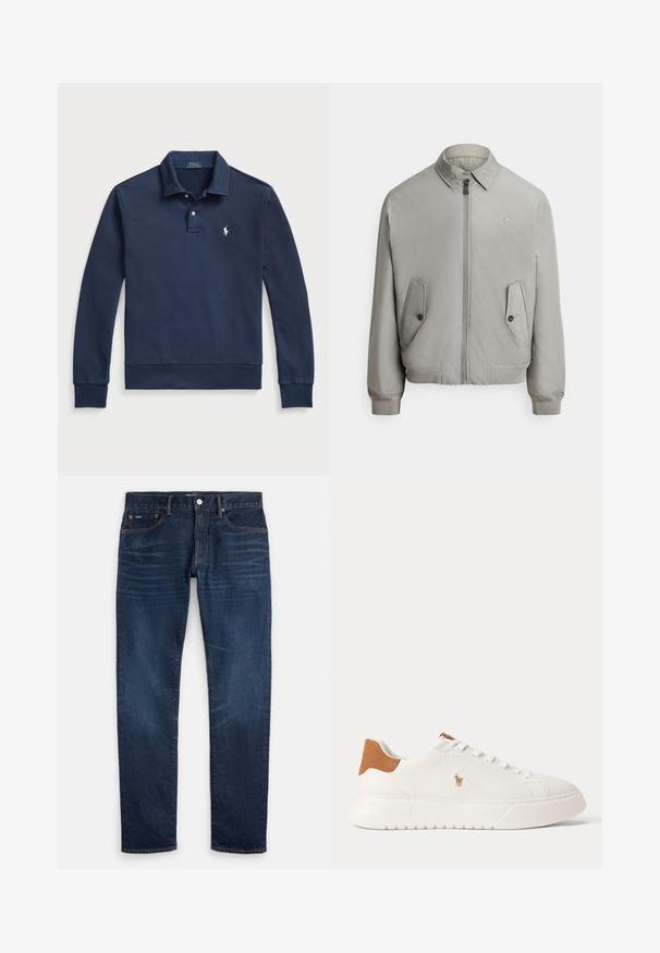 Grå bomberjakke i glat stof med lynlås foran, spids krave og to forlommer. Inkluderer ribstrikkede manchetter og kant.; Polo Ralph Lauren LOOPBACK COLLARED SWEATSHIRT - Sweatshirt - cruise navy; Mørkeblå slim-fit jeans med subtil falmning på lårene, fem-lomme-design og knaplukning ved taljen.; Hvid lavtop sneaker med tan hælfane, hvide snørebånd og lille broderet polo-spiller logo på siden over en tyk sål.