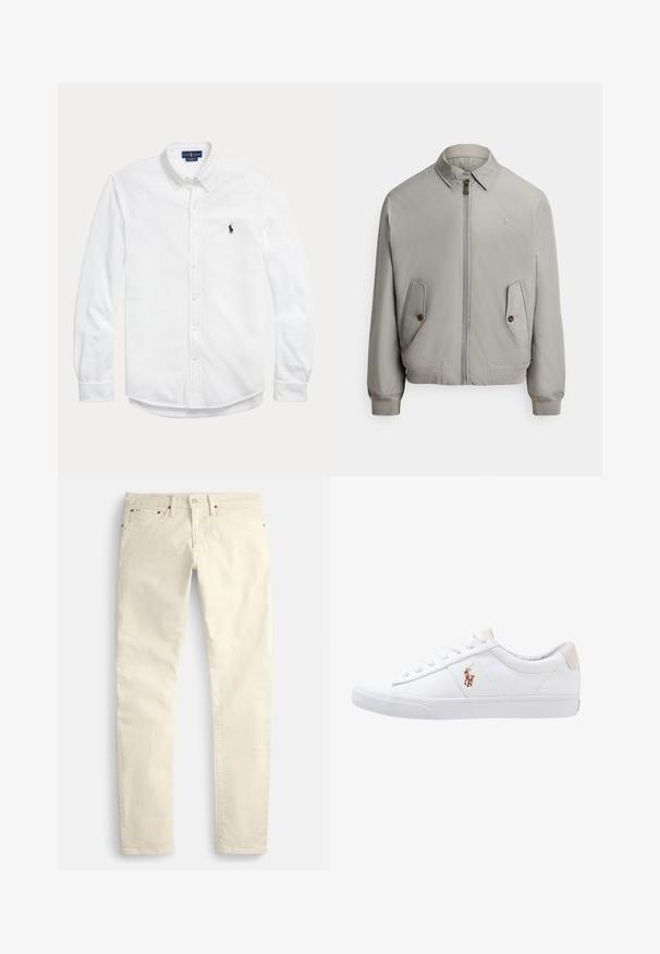 Grijze bomberjack van gladde stof met ritssluiting aan de voorkant, puntkraag en twee steekzakken. Voorzien van geribbelde manchetten en zoom.; Wit overhemd met lange mouwen, knopen, button-down kraag en klein donker Polo Ralph Lauren-logo op de linkerborst.; Lichtbeige rechte broek van een gestructureerde stof. Voorzien van vijf zakken en bruine metalen accenten. Geen zichtbare patronen of versieringen.; Witte canvas sneakers met een laag ontwerp, featuring een beige hieltab en een klein geborduurd logo aan de zijkant. Rubber zool.