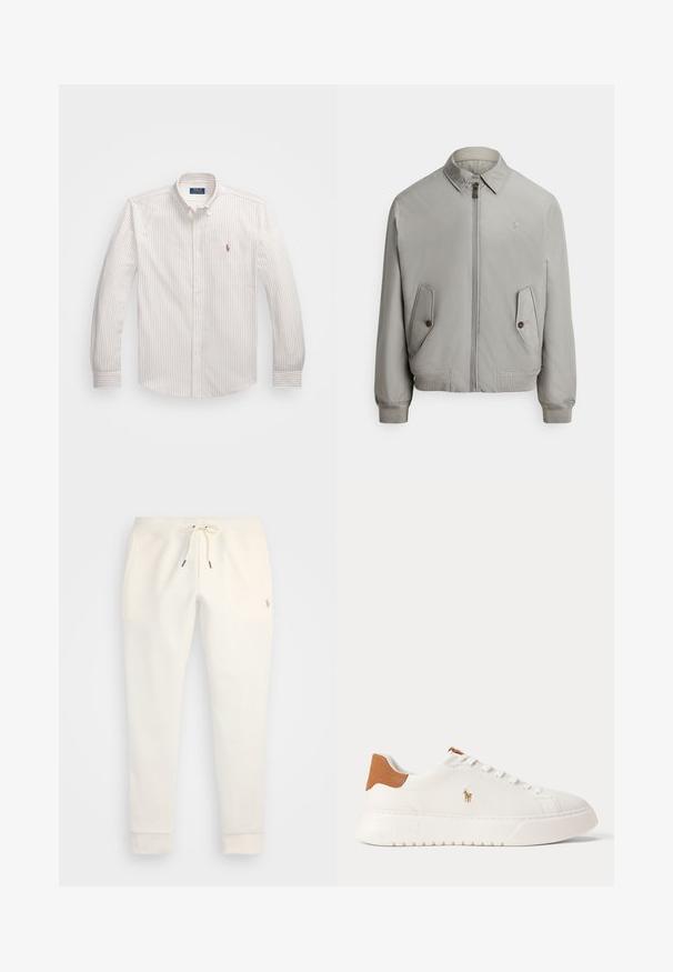 Grå bomberjakke i glat stof med lynlås foran, spids krave og to forlommer. Inkluderer ribstrikkede manchetter og kant.; Hvid skjorte med knapper og fine lodrette striber i lys beige. Har en klassisk krave, lange ærmer og et lille broderet logo på brystet.; Cremefarvede sweatpants lavet af blødt stof, med elastisk talje og snørebånd, tapered ben og et lille logo på siden.; Hvid lavtop sneaker med tan hælfane, hvide snørebånd og lille broderet polo-spiller logo på siden over en tyk sål.
