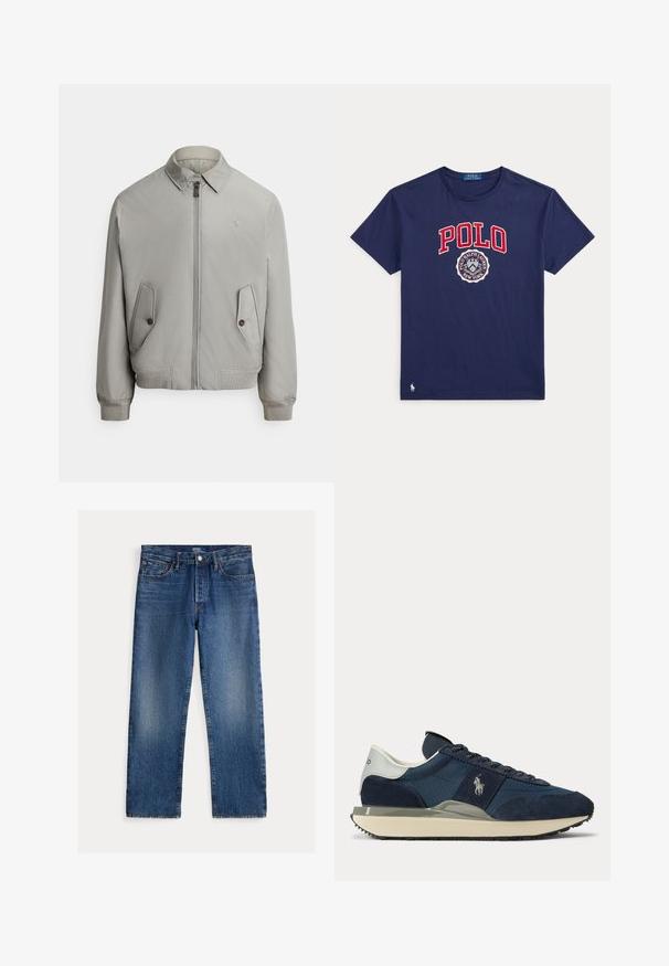 Graue Bomberjacke aus glattem Stoff mit Reißverschluss vorne, spitzem Kragen und zwei Fronttaschen. Mit gerippten Bündchen an Ärmeln und Saum.; Marineblaues T-Shirt mit kurzen Ärmeln, rotem "POLO"-Text und rundem Polo Ralph Lauren New York Logo vorne, kleines weißes Pferdelogo nahe am Saum.; Straight-leg blaue Jeans mit ausgewaschenen Details, fünf Taschen, Gürtelschlaufen und Knopf- und Reißverschlussverschluss, Polo Ralph Lauren Etikett innen.; Marineblauer und weißer Sneaker mit Velours- und Stoffeinsätzen, weißem Logo an der Seite, weißem Fersenlaschen und beiger Sohle mit schwarzer Laufsohle.