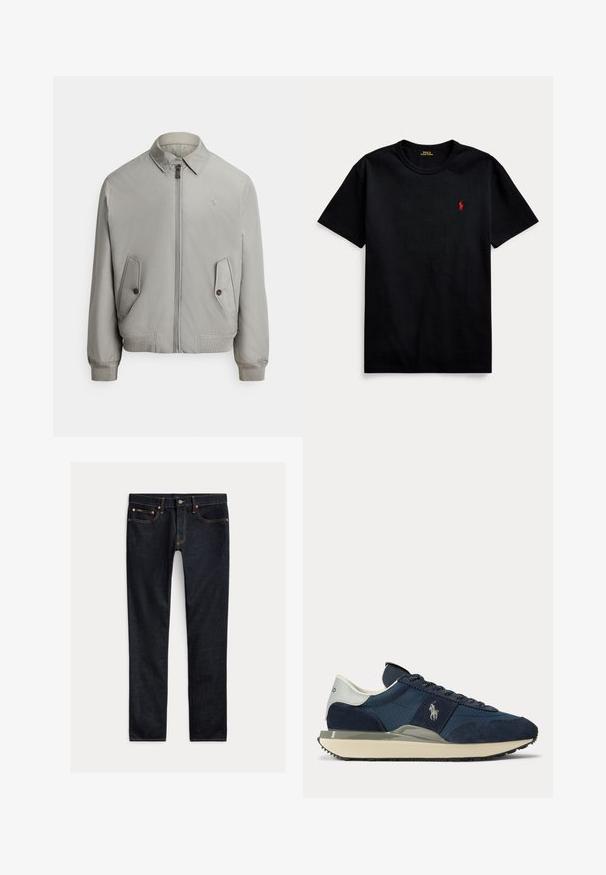 Grå bomberjakke i glat stof med lynlås foran, spids krave og to forlommer. Inkluderer ribstrikkede manchetter og kant.; Sort bomulds t-shirt med korte ærmer, rund halsudskæring, og lille rødt broderet logo på venstre bryst. Glat overflade, afslappet design.; Mørkeblå slim-fit jeans med fem lommer, knaplukning og kontrastsyning lagt fladt på en lys baggrund.; Marineblå og hvid sneaker med ruskind og stofpaneler, hvidt logo på siden, hvid hælkappe og beige sål med sort slidbane.
