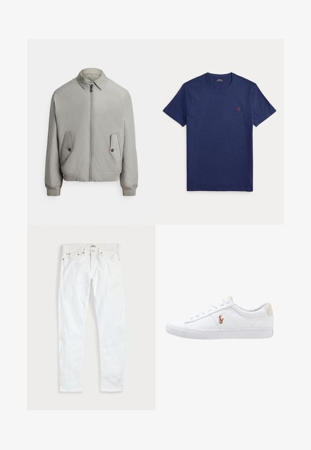 Grå bomberjakke i glat stof med lynlås foran, spids krave og to forlommer. Inkluderer ribstrikkede manchetter og kant.; Marineblå T-shirt med korte ærmer og rund halsudskæring med et lille rødt broderet logo på venstre bryst.; Hvide slim fit jeans med fem lommer, knaplukning og bæltestropper, fladt lagt på en ensfarvet lys baggrund.; Hvide kanvas sneakers med lågtop design, prydet med en beige hælkappe og et lille broderet logo på siden. Gummisål.