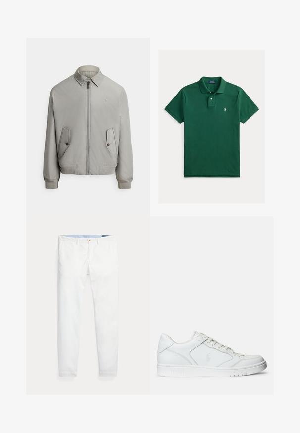 Sivá bomber bunda z hladkej tkaniny so zipsom na prednej strane, klopeným golierom a dvoma prednými vreckami. Obsahuje rebrované manžety a lem.; Tmavozelené polo tričko Polo Ralph Lauren s krátkym rukávom, golierom, dvojgombíkovou légou a malým bielym vyšitým logom na hrudi.; Biele bavlnené chino nohavice s úzkym strihom, so zlatým jedným gombíkom na zapínanie a svetlomodrým vnútorným pásom. Hladká textúra bez vzorov.; Biele kožené tenisky s hladkým povrchom, obsahujúce perforovanú špičku, šnúrkové uzatvorenie a vyšívané logo na boku. Biela gumová podrážka.