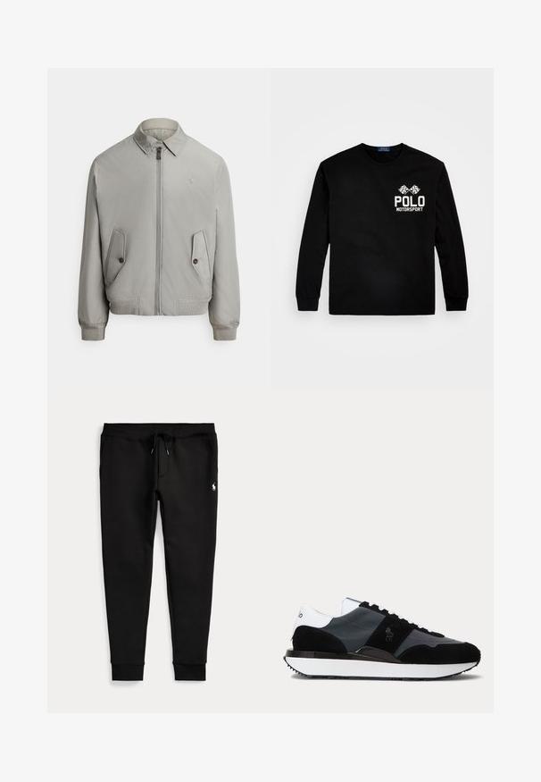 Chaqueta bomber gris de tela lisa con cierre frontal de cremallera, cuello de pico y dos bolsillos delanteros. Incluye puños y bajo acanalados.; Camisa negra de manga larga hecha de algodón. Presenta el texto blanco "POLO MOTORSPORT" y dos banderas a cuadros en el área del pecho izquierdo. Cuello redondo.; Pantalones jogger negros con tobillos con puños, cintura con cordón, bolsillos laterales y pequeño logo blanco de jugador de polo en el muslo derecho.; Zapatilla deportiva de caña baja en blanco y negro con paneles de ante y cuero, cordones blancos y suela blanca gruesa con ribete negro.