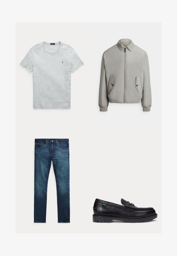 Grå bomberjakke i glat stof med lynlås foran, spids krave og to forlommer. Inkluderer ribstrikkede manchetter og kant.; Lysegrå t-shirt med korte ærmer og rund hals med lille broderet Polo Ralph Lauren-logo på venstre bryst.; Mørkeblå slim-fit jeans med frontknap og lynlås, fem lommer og subtil falmen på forreste lår og knæ.; Sort læderloafer med tyk, mønstret sål og lille grøn "Polo"-mærke på ydersiden nær hælen.