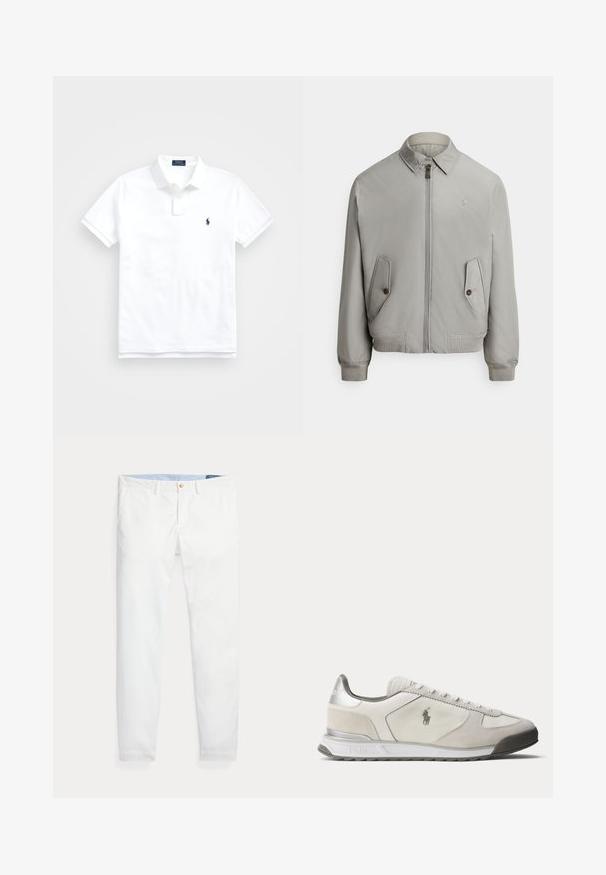Blouson aviateur gris en tissu lisse avec fermeture éclair à l'avant, col pointu et deux poches avant. Comprend des poignets et un ourlet côtelés.; Polo blanc à manches courtes avec col, deux boutons et petit logo brodé bleu marine sur la poitrine gauche.; Chinos en coton blanc coupe slim, dotés d'une fermeture à un bouton doré et d'une ceinture intérieure bleu clair. Texture lisse sans motifs.; Baskets basses blanches et gris clair avec logo Polo sur le côté, laçage à l'avant et accent argenté au talon.