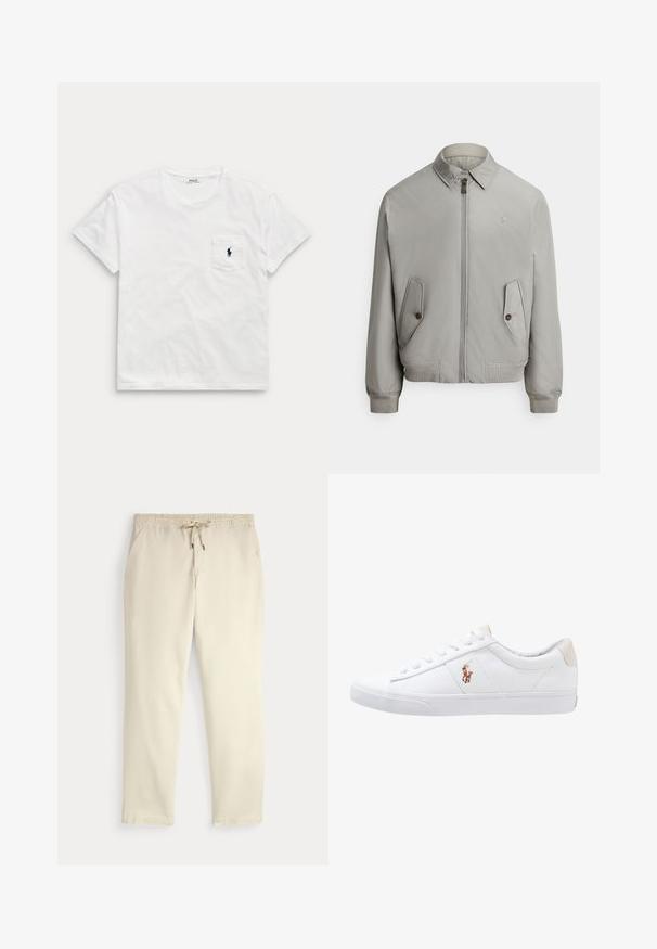 Grå bomberjakke i glat stof med lynlås foran, spids krave og to forlommer. Inkluderer ribstrikkede manchetter og kant.; Hvid t-shirt med korte ærmer og rund hals med en brystlomme, der har en lille mørk polo-spiller-logo.; Off-white afslappede bukser med elastisk talje og snor, lige ben og sidelommer mod en ensfarvet baggrund.; Hvide kanvas sneakers med lågtop design, prydet med en beige hælkappe og et lille broderet logo på siden. Gummisål.
