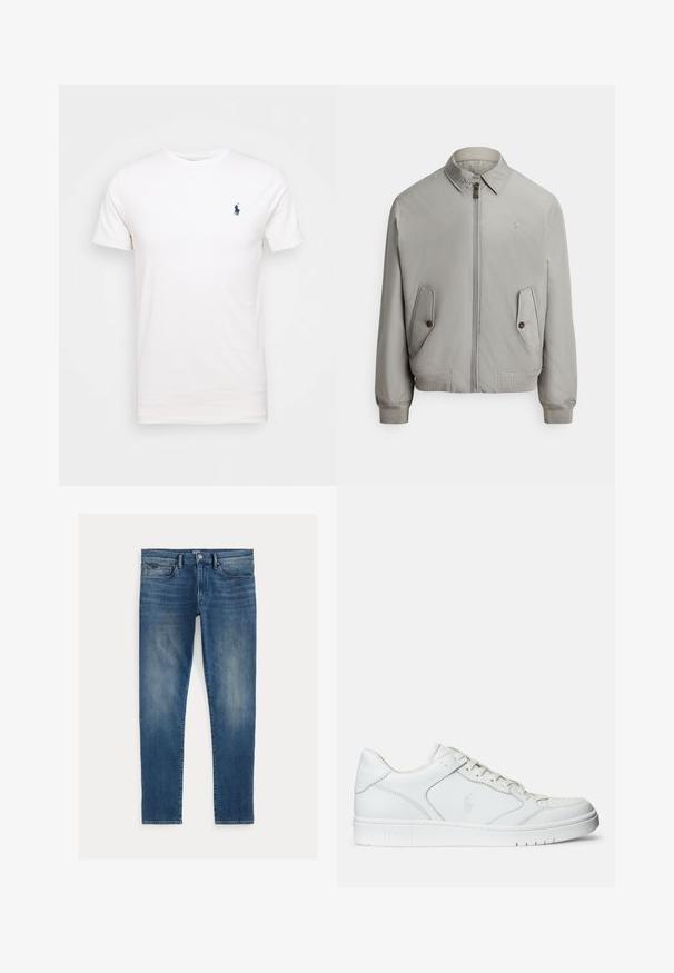 Grå bomberjakke i glat stof med lynlås foran, spids krave og to forlommer. Inkluderer ribstrikkede manchetter og kant.; Hvid bomulds t-shirt med rund hals. Har et lille mørkeblå logo på venstre bryst. Korte ærmer, glat tekstur.; Blå denim jeans med slim fit, der har en falmet effekt, fem lommer og en lynlås med en knap øverst. Fremtrædende sømdetaljer.; Hvide lædersneakers med en glat tekstur, der har en perforeret tå, snørebåndslukning og broderet logo på siden. Hvid gummisål.