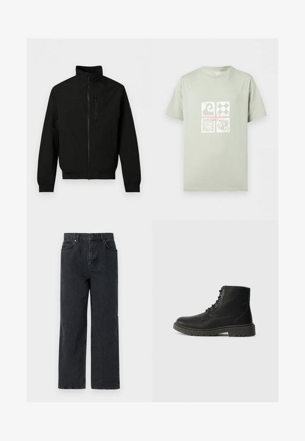 Zwart lichtgewicht jack met volledige rits aan de voorzijde, hoge kraag, borstzak met rits, zakken aan de zijkant en lange mouwen met geribbelde boorden.; Lichtgroen T-shirt met korte mouwen met vier witte grafische vierkanten en roze cursieve tekst in het midden van de borst.; Donkerblauwe denimbroek met een wijde pijp, vijf zakken en een knoopsluiting. Inclusief hardware in koperkleur en een subtiele textuur.; Zwarte leren enkellaars met vetersluiting, dikke rubberen zool, gestructureerde afwerking en versterkte stiksels. Bevat minimalistische branding.