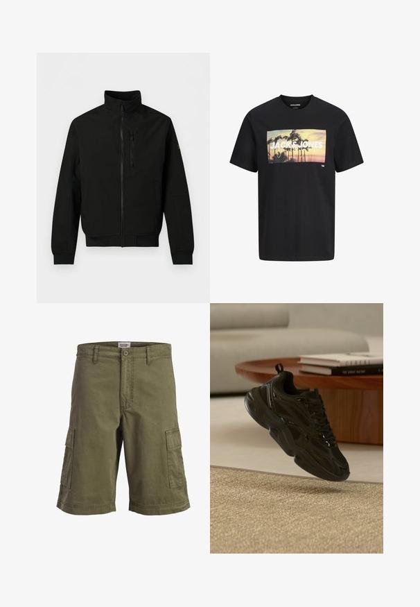Veste légère noire avec zip intégral à l'avant, col montant, poche poitrine zippée, poches latérales et manches longues avec poignets côtelés.; T-shirt noir avec motif coucher de soleil et palmier, grand texte blanc "JACK & JONES" imprimé sur la poitrine.; Short cargo vert avec poches latérales, passants de ceinture et fermeture à bouton, présenté sur fond blanc uni.; Baskets épaisses noires avec mesh et détails brillants flottant au-dessus d'un tapis beige, table basse ronde en bois avec des livres en arrière-plan.