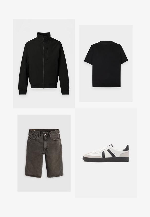 Schwarze leichte Jacke mit durchgehendem Frontreißverschluss, hohem Kragen, Brustreißverschlusstasche, seitlichen Taschen und langen Ärmeln mit gerippten Bündchen.; Ein einfaches schwarzes T-Shirt mit kurzen Ärmeln und Rundhalsausschnitt, dargestellt vor einem hellgrauen Hintergrund.; Dunkelgraue Jeansshorts mit regulärer Passform, ausgestattet mit fünf Taschen, einem Knopfverschluss und einem strukturierten Bund. Weicher Stoff, klares Design.; Weiße Sneaker mit schwarz- und grau-aczenten, ausgestattet mit einer strukturierten grauen Zehenkappe, schwarzer Gummi-Sohle und flachen weißen Schnürsenkeln. Sauberes Design, minimalistische Stil.