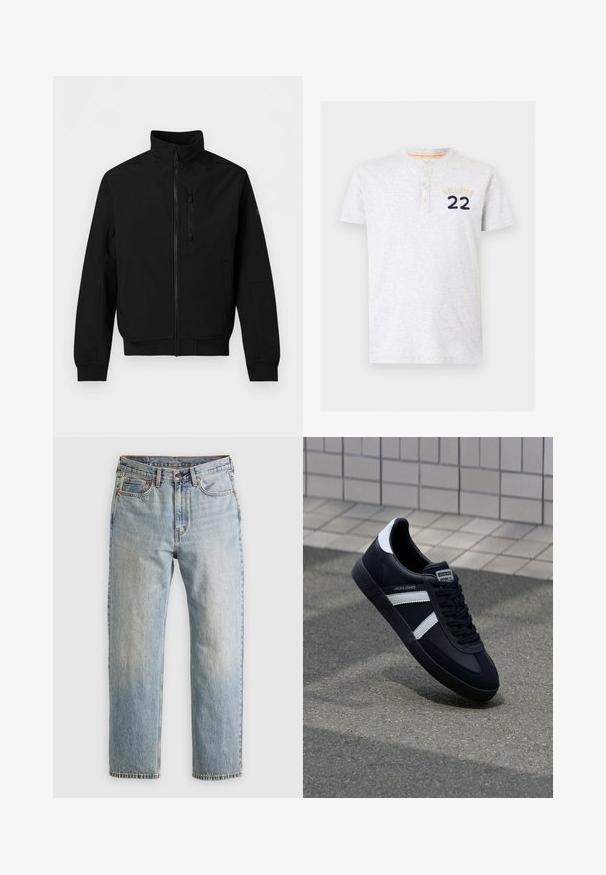 Chaqueta ligera negra con cremallera completa en la parte delantera, cuello alto, bolsillo con cremallera en el pecho, bolsillos laterales y mangas largas con puños acanalados.; Camiseta Henley de manga corta en gris claro con tres botones y "Hollister 22" bordado en la parte superior izquierda del pecho.; Jeans de mezclilla azul claro de cintura alta, con botón frontal, cremallera y diseño de cinco bolsillos, dispuestos sobre un fondo neutro.; Zapatilla de cuero negra con rayas blancas, suela de goma texturizada y parte frontal con cordones. Cuenta con una etiqueta de marca en la lengüeta.