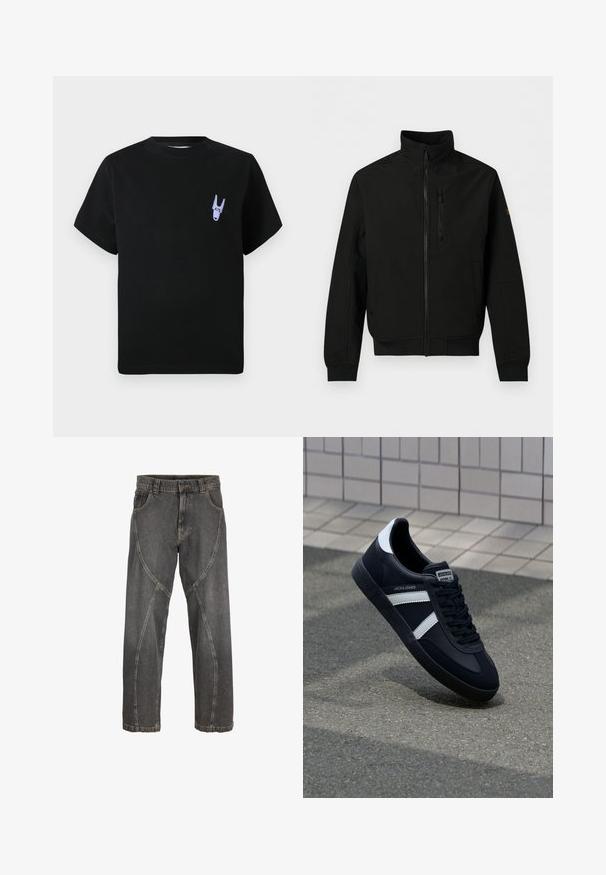 Chaqueta ligera negra con cremallera completa en la parte delantera, cuello alto, bolsillo con cremallera en el pecho, bolsillos laterales y mangas largas con puños acanalados.; Camiseta de algodón negra con mangas cortas, que presenta un pequeño gráfico morado en la parte izquierda del pecho. Diseño sencillo y rectangular.; Vaqueros negros lavados con un diseño único de costuras curvas en la parte delantera y diseño estándar de cinco bolsillos.; Zapatilla de cuero negra con rayas blancas, suela de goma texturizada y parte frontal con cordones. Cuenta con una etiqueta de marca en la lengüeta.