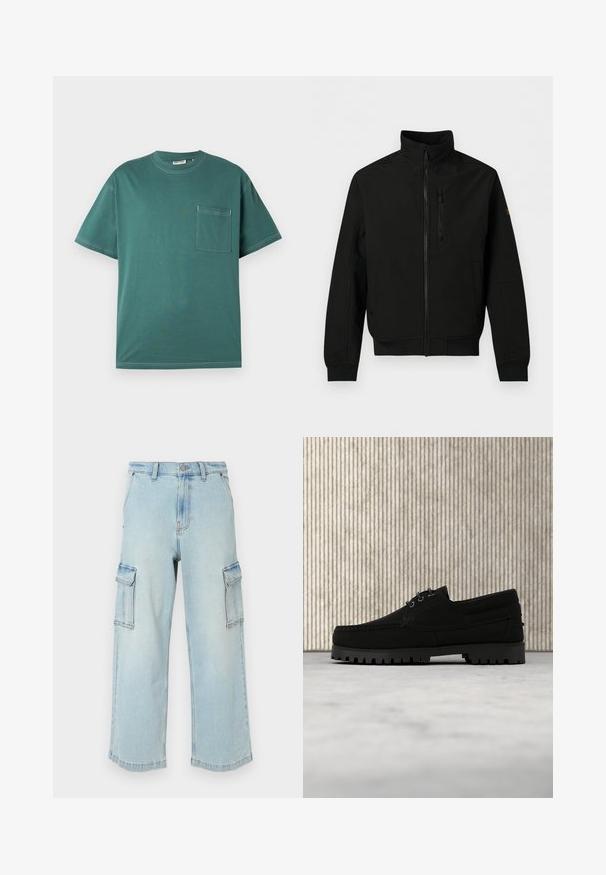 Zwart lichtgewicht jack met volledige rits aan de voorzijde, hoge kraag, borstzak met rits, zakken aan de zijkant en lange mouwen met geribbelde boorden.; Tegengestelde kleur teal T-shirt met korte mouwen, witte stiksels en een borstzak aan de linkerkant, tentoongesteld tegen een eenvoudige witte achtergrond.; Lichtblauwe denim cargo broek met brede pijpen, voorzien van twee zijzakken, een knoopsluiting en een licht vervaagde textuur.; Zwarte veterlaars met dikke geribbelde zool zwevend boven beige tapijt, bruine moderne ronde tafel in zacht verlichte kamer op de achtergrond.
