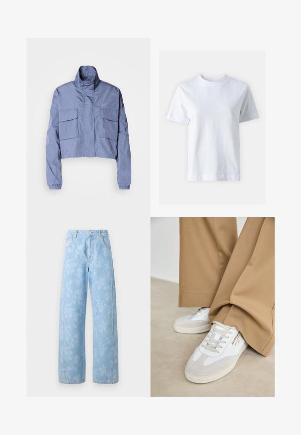 Chaqueta azul recortada hecha de material ligero, con cuello alto, puños elásticos y dos grandes bolsillos delanteros. Diseño minimalista.; T-shirt de algodón blanco con cuello redondo, mangas cortas, corte recto y textura suave. Sin patrones ni adornos.; Mads Nørgaard ART CHRISTEL - Vaqueros boyfriend - light denim; Zapatillas blancas con detalles de ante, cordones texturizados y suela de goma. Combinadas con un pantalón suelto en tono marrón claro. Logo exhibido en el lateral.
