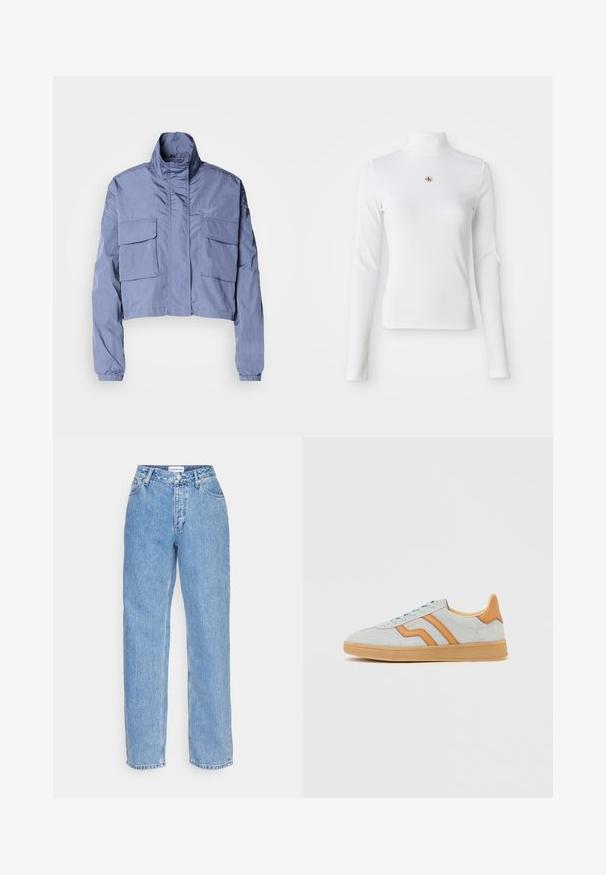 Kort blå jakke lavet af letvægtsmateriale, med høj krave, elastiske manchetter og to store forlommer. Minimalistisk design.; Langærmet, hvid turtleneck-top lavet af ribbet materiale. Har et lille broderet logo i midten. Tæt pasform uden mønstre.; Lys blå denimjeans med lige ben, der har knap- og lynlåslukning, fem lommer og en medium høj talje.; Lysegrå ruskindssneaker med brune læderdetaljer, gummisål og lyseblå snørebånd, vist fra siden på en hvid baggrund.