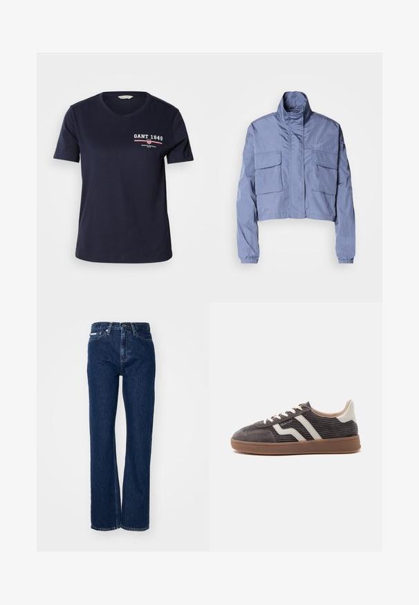 Veste courte bleue en matériau léger, avec un col haut, des poignets élastiques et deux grandes poches avant. Design minimaliste.; T-shirt en coton bleu marine avec un col V, à manches courtes, arborant un logo en texte blanc et rouge "GANT 1949" et des accents de design sur la poitrine gauche.; Jeans en denim bleu foncé avec jambes droites, fermeture à bouton et cinq poches. Le tissu a une légère texture avec des détails de couture subtils.; Basket gris foncé unique avec des accents en cuir blanc, des côtés texturés, des lacets blancs et une semelle en caoutchouc marron, présentée de profil sur un fond uni.