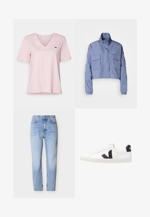 Chaqueta azul recortada hecha de material ligero, con cuello alto, puños elásticos y dos grandes bolsillos delanteros. Diseño minimalista.; Camiseta de algodón rosa claro con cuello en V y mangas cortas, que presenta un pequeño logo de cocodrilo bordado en verde en el lado izquierdo del pecho.; Vaqueros de tiro alto en azul claro con corte recto en la pierna, cierre frontal con botones y cremallera, y estilo de cinco bolsillos sobre un fondo blanco.; Zapatilla blanca con un logo en V negro, con una parte superior de cuero liso, puntera redonda, cierre de cordones y una lengüeta en el talón de color negro en contraste.