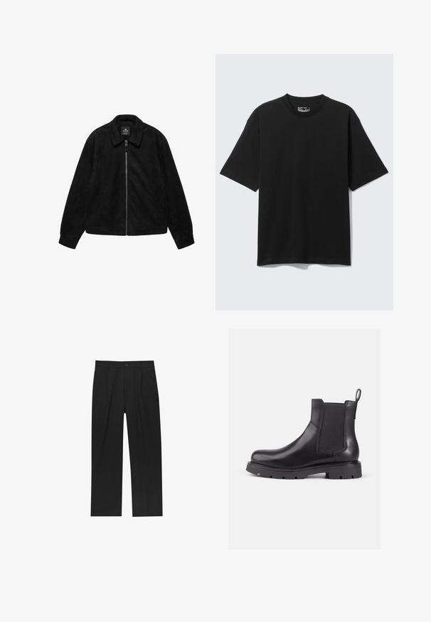 Veste noire à fermeture éclair avec col, manches longues, poches latérales, et une texture douce rappelant le suède, posée à plat sur un fond blanc.; T-shirt noir en coton à manches courtes et coupe décontractée, col rond, présenté sur un fond clair uni.; Pantalons noirs au design droit, fabriqués à partir d'un tissu lisse. Dotés de plis sur le devant et d'une fermeture à un bouton à la taille.; Bottines Chelsea en cuir noir avec panneaux latéraux élastiques, bout rond et semelle en caoutchouc texturé. Comprend une languette à l'arrière pour un enfilage facile.