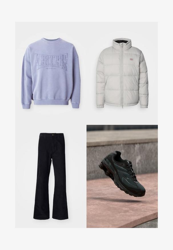 Veste matelassée grise avec un col haut, une fermeture éclair et des poignets élastiques. Elle présente un design matelassé et une petite patch logo sur la poitrine.; Sweatshirt violet en tissu doux avec le texte brodé "VERTERE" et "BERLIN". Poignets et encolure côtelés avec une coupe décontractée.; Pantalons évasés noirs en coton avec une taille traditionnelle, un bouton à l'avant et des poches sur les côtés et à l'arrière. Texture lisse.; Baskets athlétiques noires avec une semelle intercalaire à coussin d’air visible flottant au-dessus d’une surface en pierre rose avec un mur en pierre gris en arrière-plan.