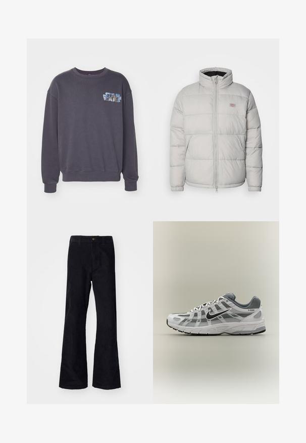 Grå pufferjakke med høj krave, lynlåslukning og elastiske manchetter. Den har et quiltet design og et lille logo patch på brystet.; Grå sweatshirt med rund halsudskæring og ribbede manchetter. Har et fremtrædende "Star Wars" grafik i blå og lys blå nuancer på brystet.; Sorte, bomuldsforlængede bukser med en traditionel linning, enkelt forreste knap og lommer på siderne og bagpå. Glat tekstur.; Hvid og grå Nike P-6000 sneaker med sort swoosh, meshpaneler og tekstureret sål, vist i sideprofil på neutral baggrund.