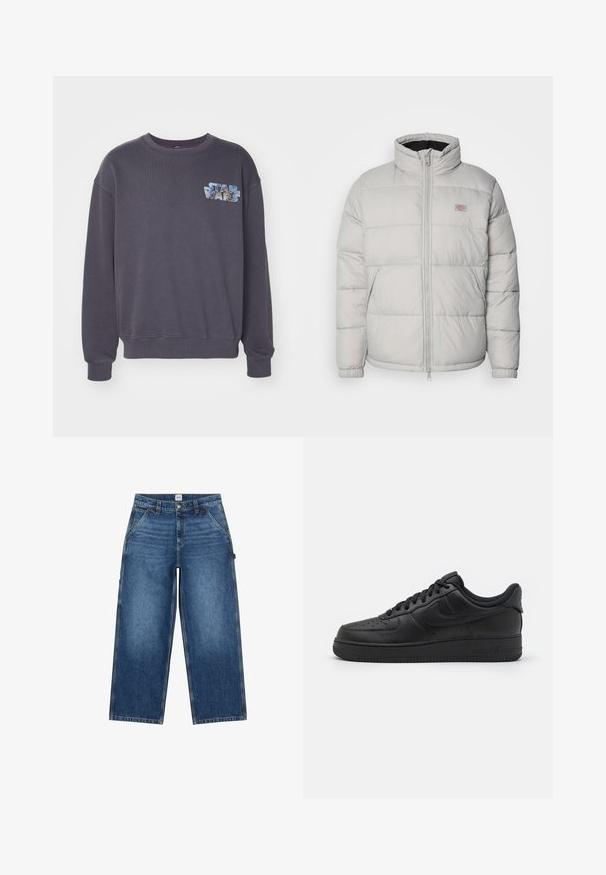 Grå pufferjakke med høj krave, lynlåslukning og elastiske manchetter. Den har et quiltet design og et lille logo patch på brystet.; Grå sweatshirt med rund halsudskæring og ribbede manchetter. Har et fremtrædende "Star Wars" grafik i blå og lys blå nuancer på brystet.; Blå jeans med vide ben, forlommer, bæltestropper, knaplukning og et Lee-mærke på taljen.; Nike Sportswear AIR FORCE 1 07 FLYEASE - Sneakers - black